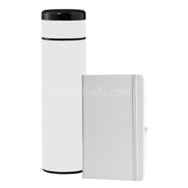 Sargan - Vacuum Flask With Temperature Lid And Notebook Gift Set - White
