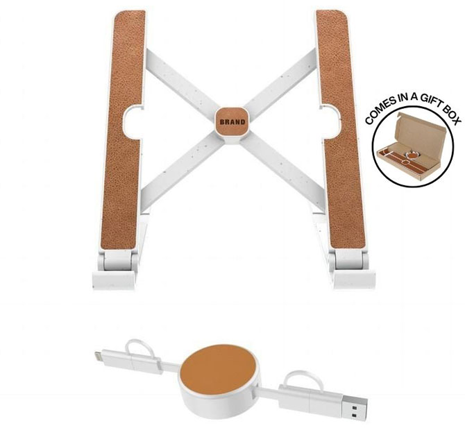 BRELA - @memorii Set of Recycled Laptop Stand and retractable cable - White