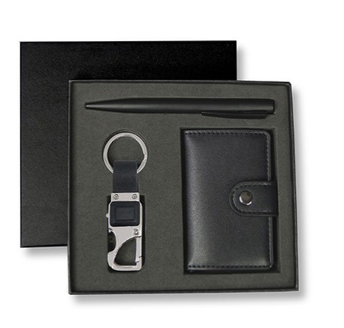 REINE - Set of RFID Card Holder, Key Chain and Pen - Black