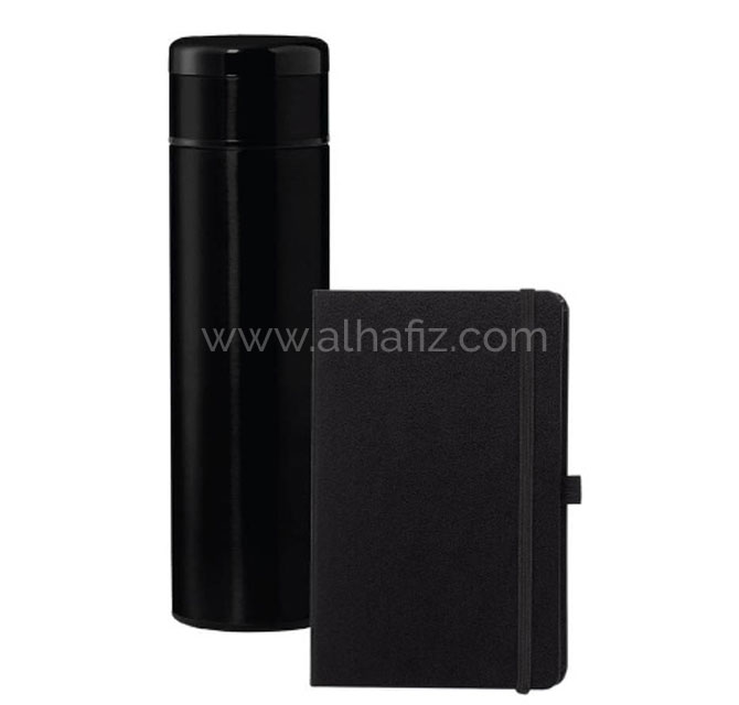 SARGAN - Vacuum Flask with Temperature Lid and Notebook Gift Set - Black