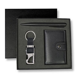 Reine - Set Of Rfid Card Holder, Key Chain And Pen - Black