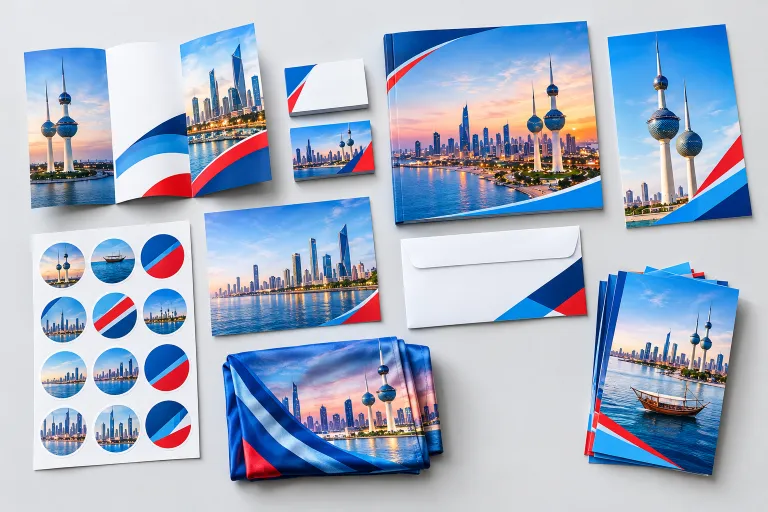 Printed brochures, business cards, stickers, envelope, booklet and fabric with Kuwait skyline designs
