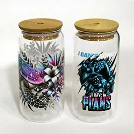 DTF Printed Glass Cans with Bamboo Lids