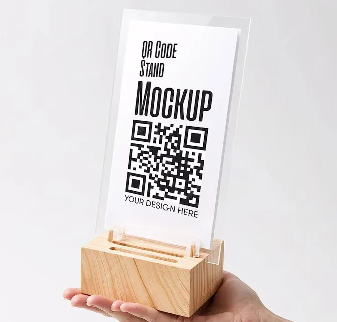 Acrylic QR Menu Stand on Wooden Base