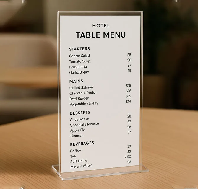 Hotel Table Menu in Acrylic T-Stand