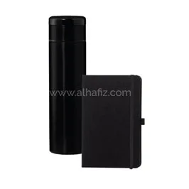 Sargan - Vacuum Flask With Temperature Lid And Notebook Gift Set - Black