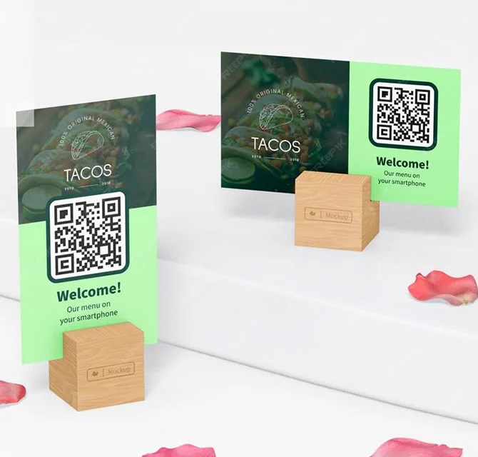 QR Code Menu Cards with Wooden Block Holders